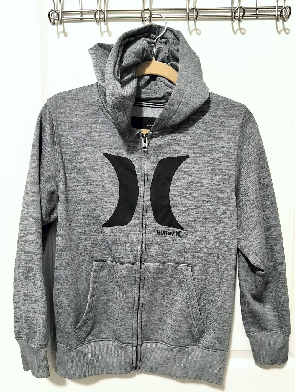 Hurley Youth L Heather Gray Zip Hoodie with Black Logo